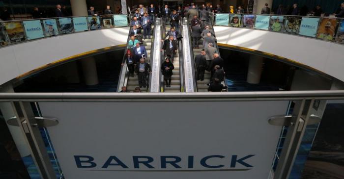 The logo of sponsor Barrick Gold Corporation is seen as visitors arrive during the PDAC