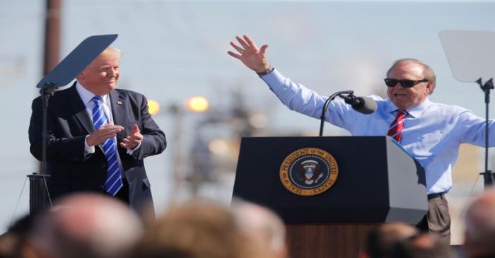 U.S. President Trump applauds CEO Hamm during  tax reform event at Andeavor Refinery in Mandan,