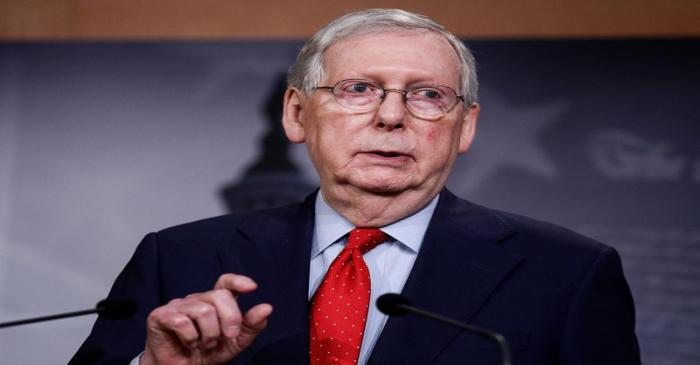 U.S. Senate Majority Leader McConnell speaks to reporters after Senate vote on coronavirus