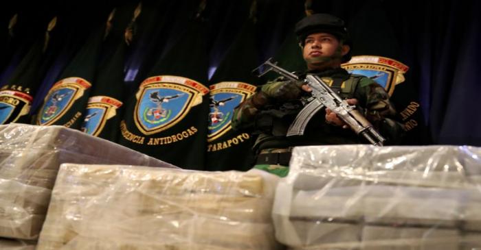 FILE PHOTO: Peruvian police display to the media almost two tonnes of cocaine at the police