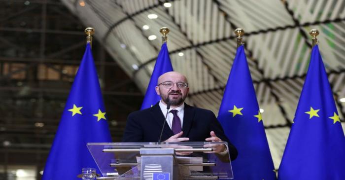 EU Council President Charles Michel holds a news conference after a videoconference with EU