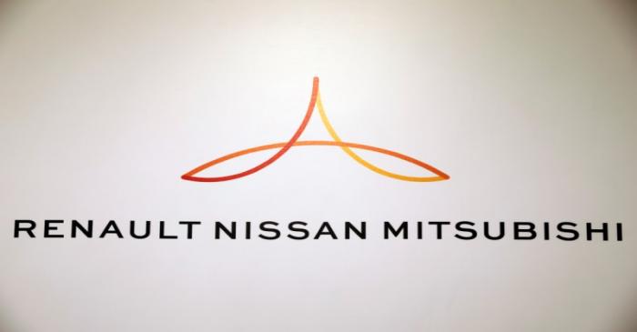 A logo is seen during the inauguration of Renault-Nissan-Mitsubishi's joint innovation lab in