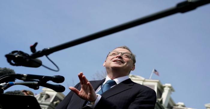 FILE PHOTO: Council of Economic Advisers Chairman Kevin Hassett speaks to reporters at the