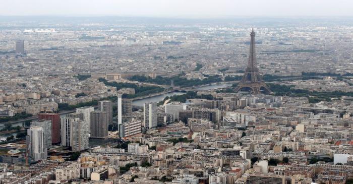 FILE PHOTO: An aerial view shows the Eiffel tower, the Seine River and the Paris skyline