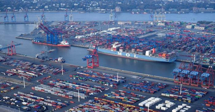 FILE PHOTO: Aerial view of a container terminal in the port of Hamburg