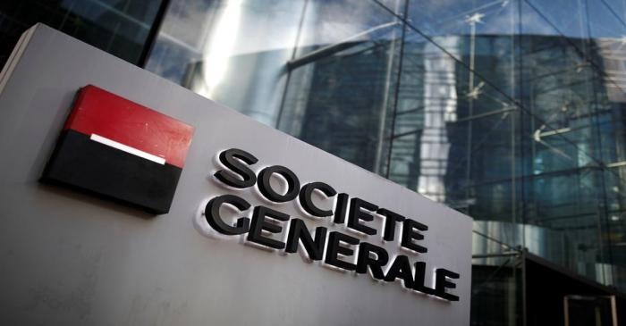 The logo of Societe Generale is seen on the headquarters at the financial and business district