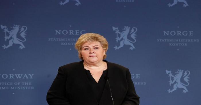 Norway's Prime Minister Erna Solberg attends a news conference in Oslo