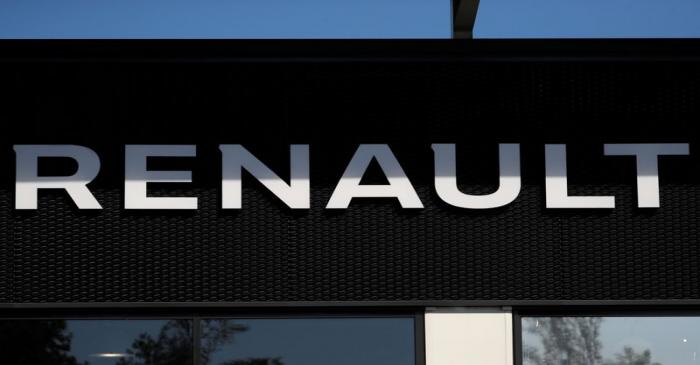 A logo of Renault carmaker is pictured at a dealership in Nantes