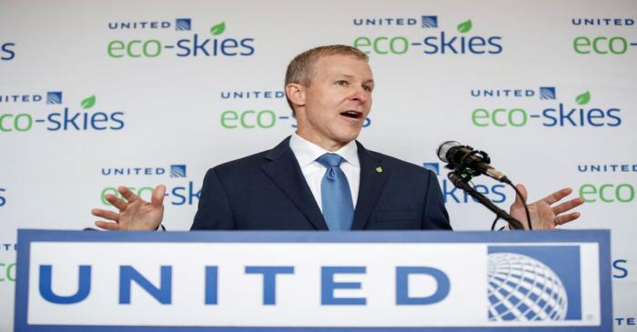 FILE PHOTO: United Airlines president Scott Kirby speaks at O'Hare International Airport in