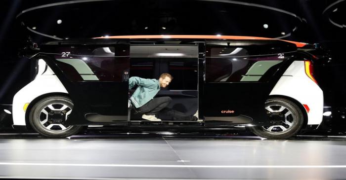 FILE PHOTO: Cruise CTO Kyle Vogt stretches inside a Cruise Origin autonomous vehicle during its