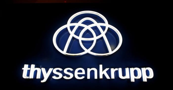 FILE PHOTO: Thyssenkrupp's logo is seen outside elevator test tower in Rottweil