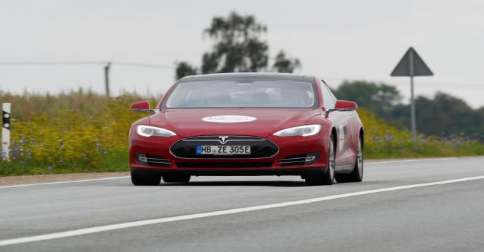 Tesla Model S drives during electric car E-Rallye Baltica 2019 near Iecava