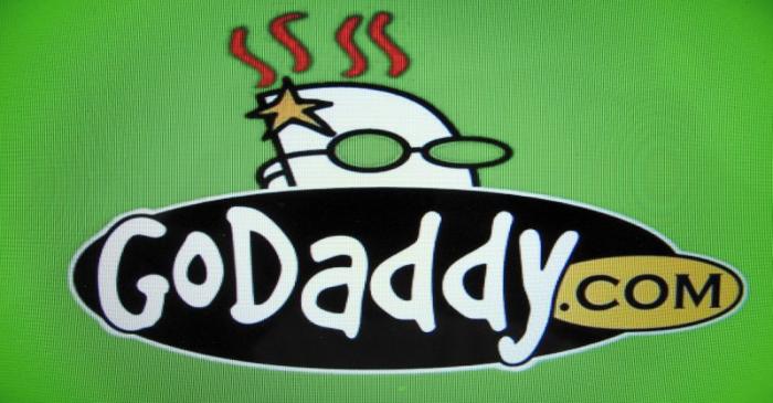 The logo for internet company GoDaddy inc is shown on a computer screen in this illustration