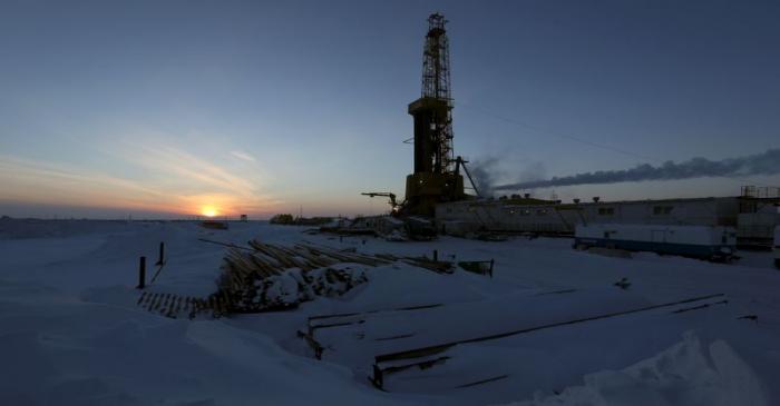 FILE PHOTO: View shows oil derrick at Vankorskoye oil field owned by Rosneft company north of