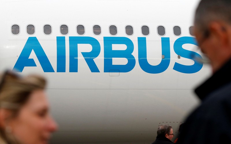 The logo of Airbus is pictured during a flight event presentation of an Airbus A330-800