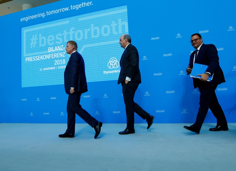 ThyssenKrupp AG CEO Guido Kerkhoff, board member Donatus Kaufmann and board member Oliver