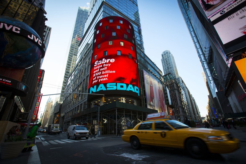 FILE PHOTO: Signage for Sabre Corporation is seen at the NASDAQ MarketSite in Times Square in