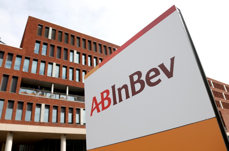 FILE PHOTO: View of the Anheuser-Busch InBev logo outside the brewer's headquarters in Leuven