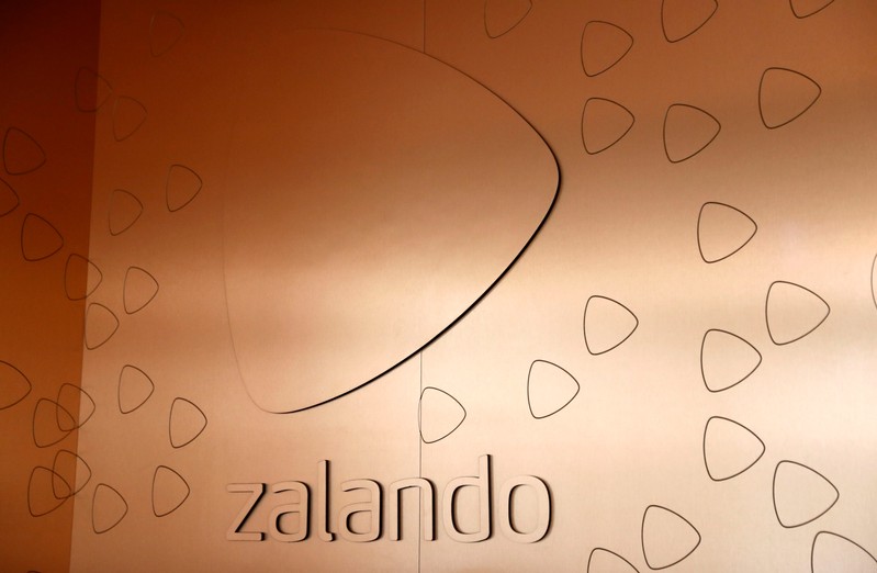 The logo of fashion retailer Zalando is pictured in an office building in Berlin