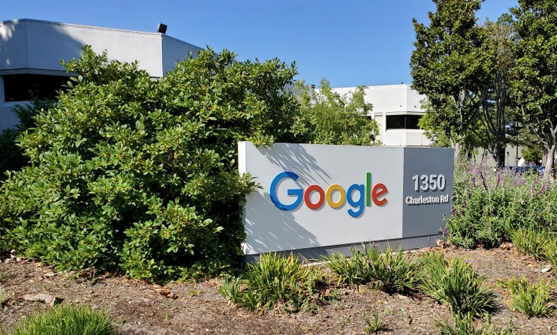 A sign is pictured outs a Google offcie near the company's headquarters in Mountain View,