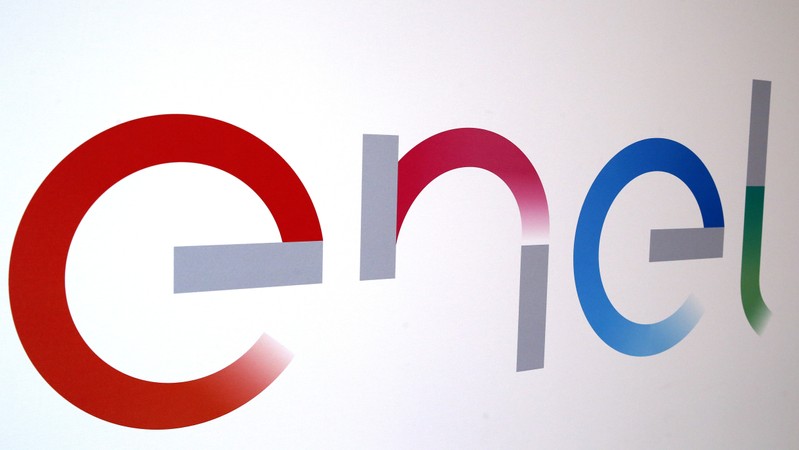 FILE PHOTO: The new logo of Italy's biggest utility Enel is seen inside its flagship store in