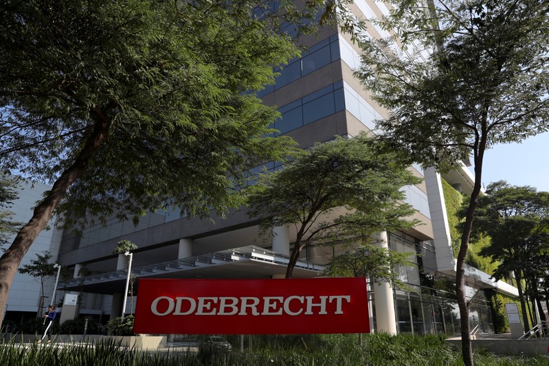 The corporate logo of the Odebrecht SA construction conglomerate is pictured at its