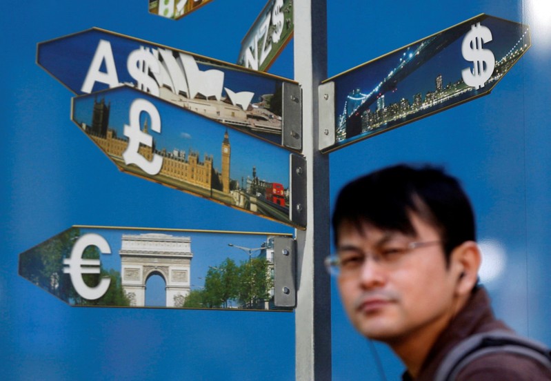 A man walks past various currency signs outside a brokerage in Tokyo