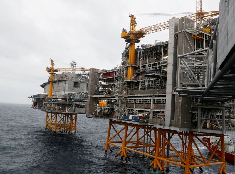 FILE PHOTO: A general view of the Equinor's Johan Sverdrup oilfield platforms in the North Sea