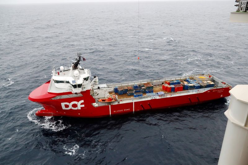 FILE PHOTO: A supply vessel is seen at the Equinor's Johan Sverdrup oilfield platform in the