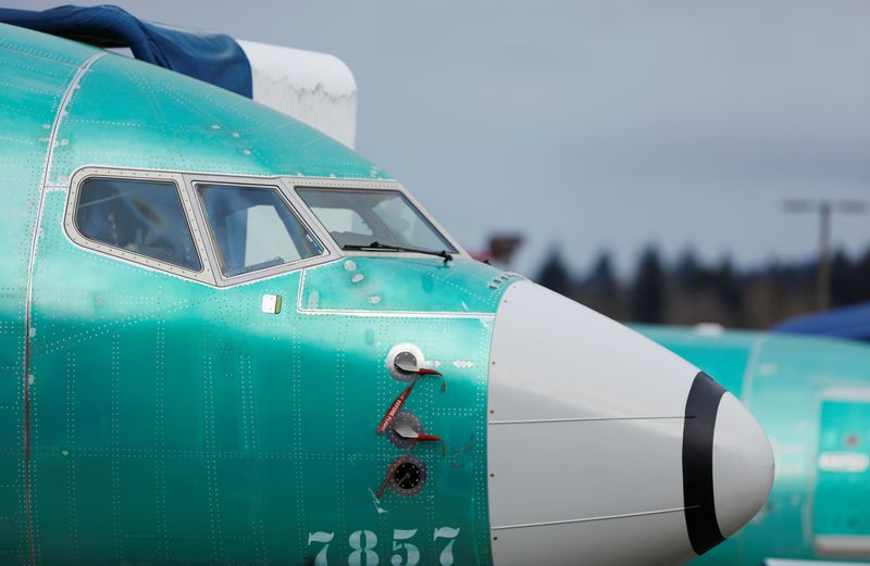 The nose of a Boeing 737 Max aircraft is pictured at a storage area at Boeing's 737 Max