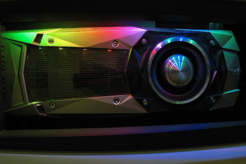 A NVIDIA graphics card is shown in a gaming computer in Encinitas, California