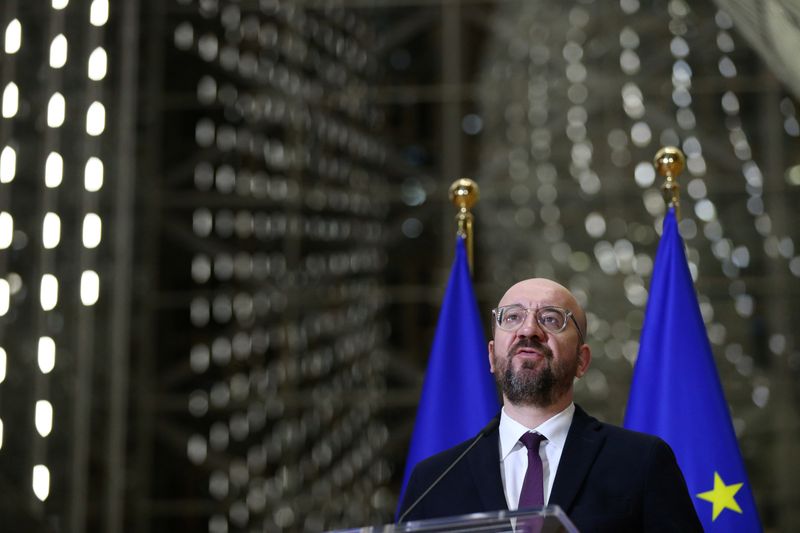 EU Council President Charles Michel holds a news conference after a videoconference with EU