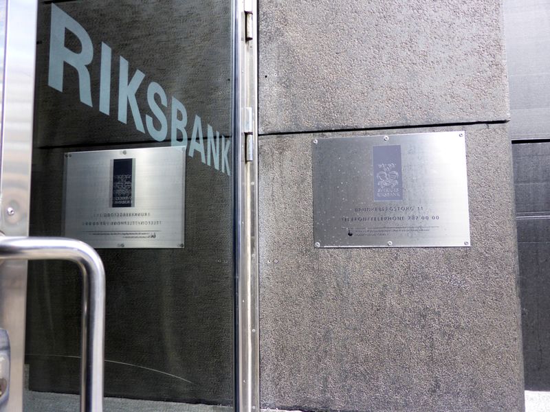 FILE PHOTO: A view of an entrance of Sweden's central bank in Stockholm