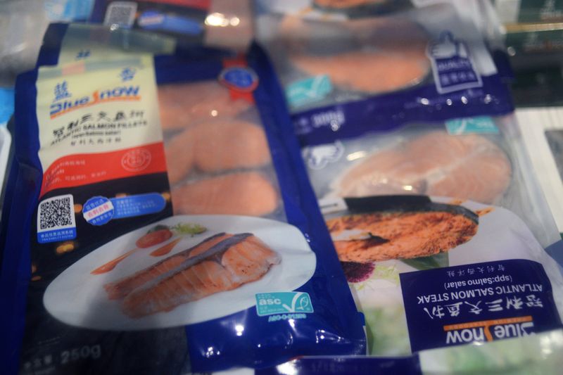 FILE PHOTO: Frozen seafood products made from imported salmon are seen at a Carrefour