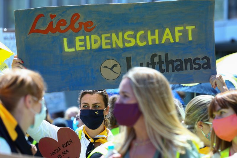 Employees of Lufthansa protest against planned job cuts in Frankfurt